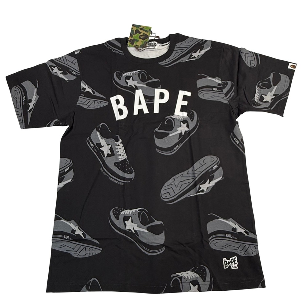 A Bathing Ape Bape Sta Sneaker All Over Print T-Shirt Black XL NWT